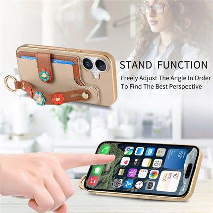For iPhone 16 Plus Case Card Holder Leather Back Cover 3D Flower Wristband
