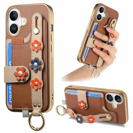 For iPhone 16 Plus Case Card Holder Leather Back Cover 3D Flower Wristband - Brown