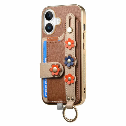 For iPhone 16 Plus Case Card Holder Leather Back Cover 3D Flower Wristband