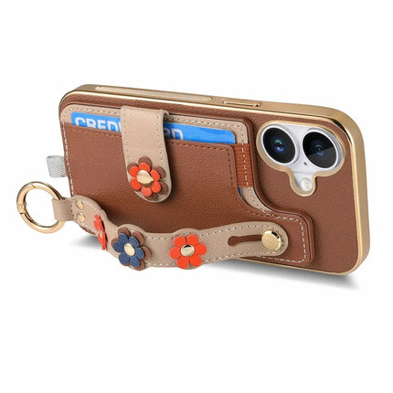 For iPhone 16 Plus Case Card Holder Leather Back Cover 3D Flower Wristband