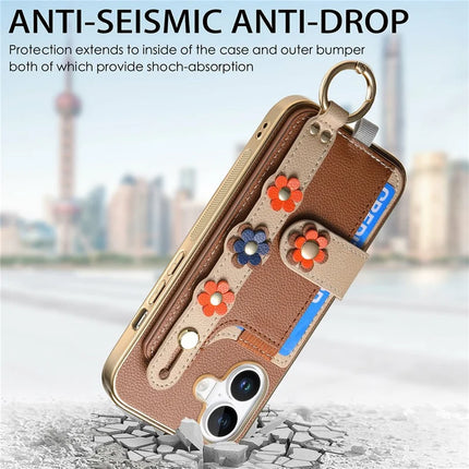 For iPhone 16 Plus Case Card Holder Leather Back Cover 3D Flower Wristband