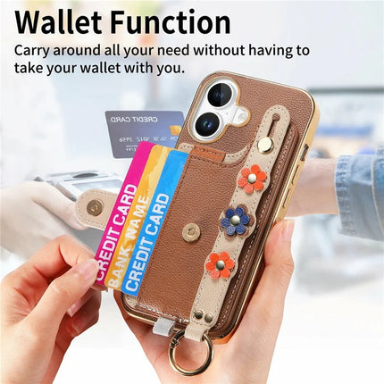 For iPhone 16 Plus Case Card Holder Leather Back Cover 3D Flower Wristband