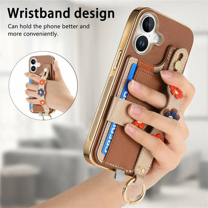For iPhone 16 Plus Case Card Holder Leather Back Cover 3D Flower Wristband