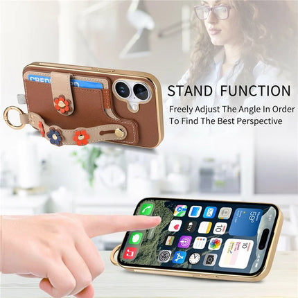 For iPhone 16 Plus Case Card Holder Leather Back Cover 3D Flower Wristband