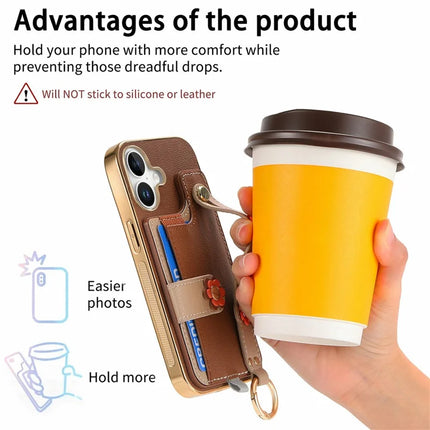 For iPhone 16 Plus Case Card Holder Leather Back Cover 3D Flower Wristband