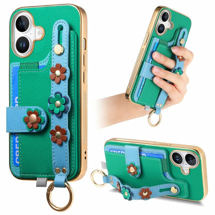 For iPhone 16 Plus Case Card Holder Leather Back Cover 3D Flower Wristband - Green