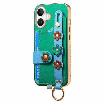 For iPhone 16 Plus Case Card Holder Leather Back Cover 3D Flower Wristband