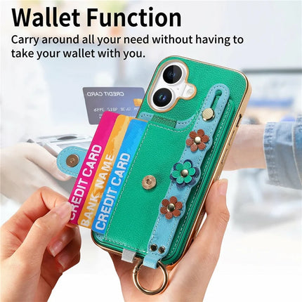For iPhone 16 Plus Case Card Holder Leather Back Cover 3D Flower Wristband