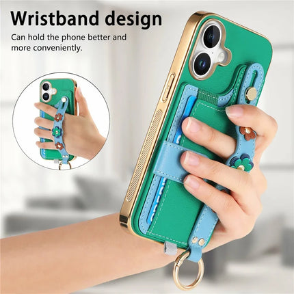 For iPhone 16 Plus Case Card Holder Leather Back Cover 3D Flower Wristband