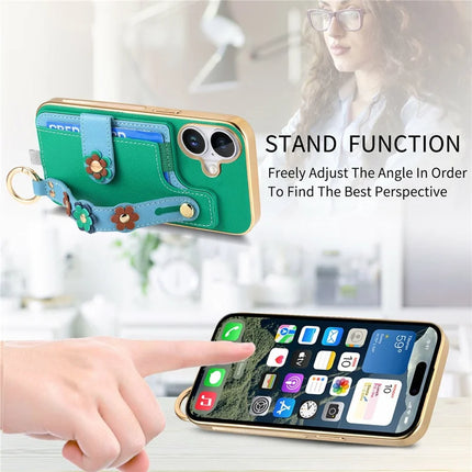 For iPhone 16 Plus Case Card Holder Leather Back Cover 3D Flower Wristband