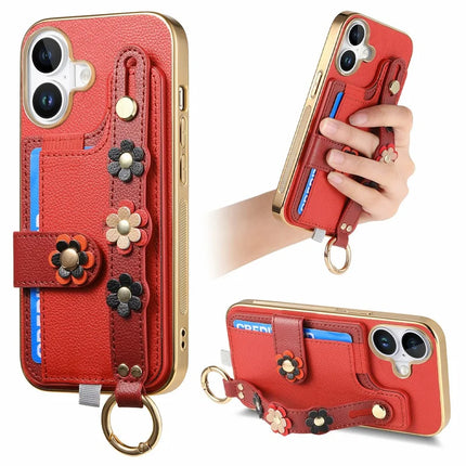 For iPhone 16 Plus Case Card Holder Leather Back Cover 3D Flower Wristband - Red