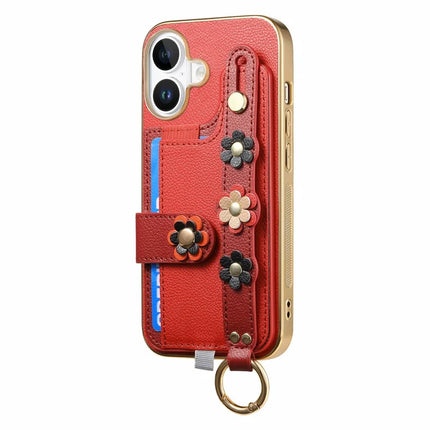 For iPhone 16 Plus Case Card Holder Leather Back Cover 3D Flower Wristband