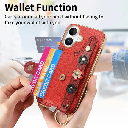 For iPhone 16 Plus Case Card Holder Leather Back Cover 3D Flower Wristband