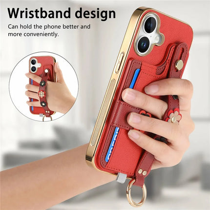 For iPhone 16 Plus Case Card Holder Leather Back Cover 3D Flower Wristband