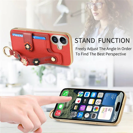 For iPhone 16 Plus Case Card Holder Leather Back Cover 3D Flower Wristband