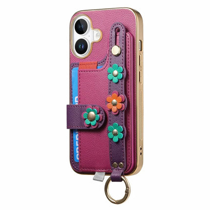 For iPhone 16 Case Card Holder Leather Back Cover 3D Flower Wristband