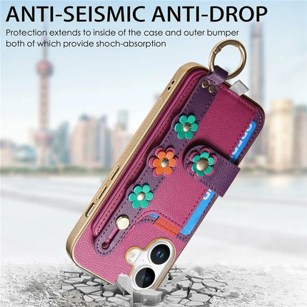 For iPhone 16 Case Card Holder Leather Back Cover 3D Flower Wristband