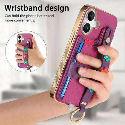 For iPhone 16 Case Card Holder Leather Back Cover 3D Flower Wristband