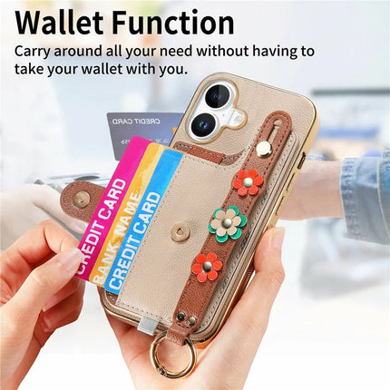 For iPhone 16 Case Card Holder Leather Back Cover 3D Flower Wristband