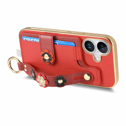 For iPhone 16 Case Card Holder Leather Back Cover 3D Flower Wristband