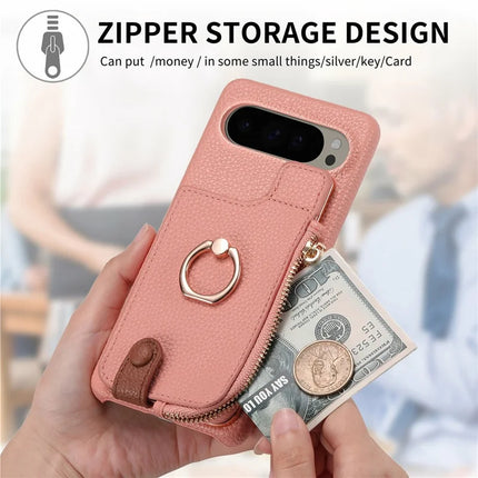 For Google Pixel 9 Pro XL Case Card Holder Kickstand Leather+TPU Phone Cover with Zipper Pocket