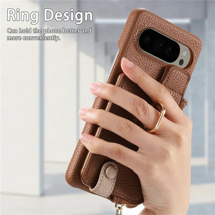 For Google Pixel 9 Pro XL Case Card Holder Kickstand Leather+TPU Phone Cover with Zipper Pocket