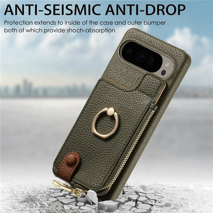 For Google Pixel 9 Pro XL Case Card Holder Kickstand Leather+TPU Phone Cover with Zipper Pocket