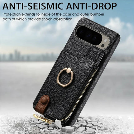 For Google Pixel 9 Pro XL Case Card Holder Kickstand Leather+TPU Phone Cover with Zipper Pocket