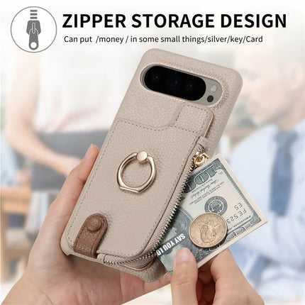 For Google Pixel 9 Pro XL Case Card Holder Kickstand Leather+TPU Phone Cover with Zipper Pocket