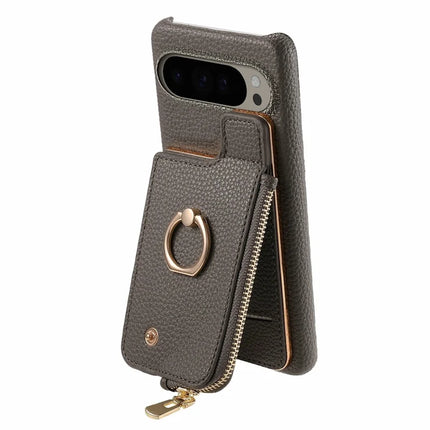 For Google Pixel 9 Pro XL Case Card Holder Kickstand Leather+TPU Phone Cover with Zipper Pocket