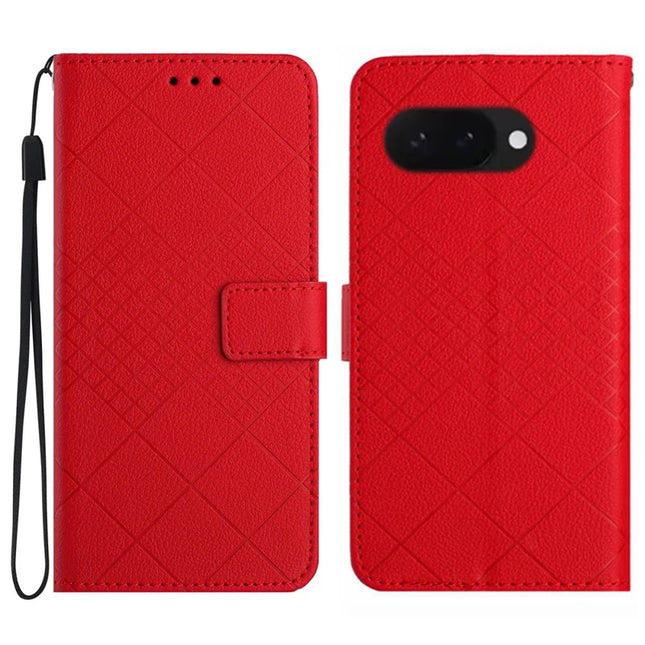 HT06 For Google Pixel 9a Wallet Phone Case Imprint PU Leather Flip Folio Cover - Red