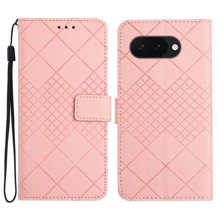 HT06 For Google Pixel 9a Wallet Phone Case Imprint PU Leather Flip Folio Cover - Pink