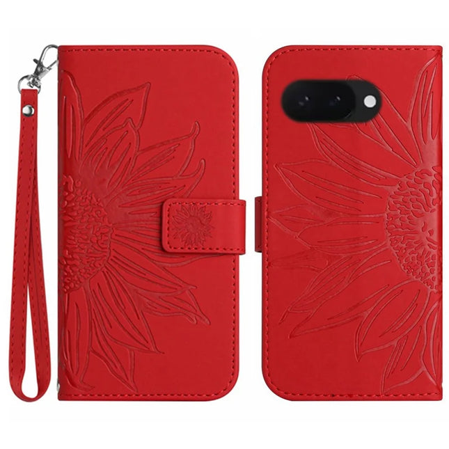 HT04 For Google Pixel 9a Case Sunflower Imprint Leather Wallet Phone Cover with Wrist Strap - Red