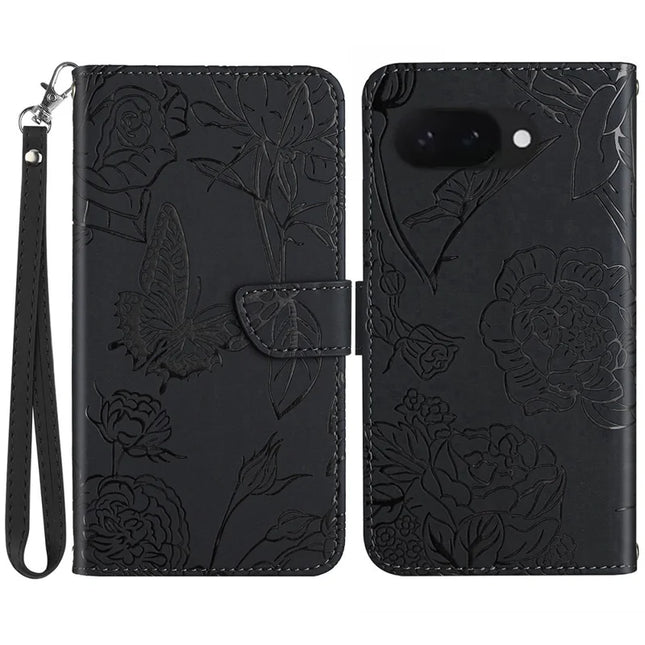 HT03 For Google Pixel 9a Case Butterfly Flower Imprint Leather Phone Cover with Strap - Black