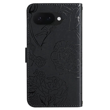 HT03 For Google Pixel 9a Case Butterfly Flower Imprint Leather Phone Cover with Strap