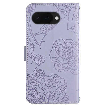 HT03 For Google Pixel 9a Case Butterfly Flower Imprint Leather Phone Cover with Strap