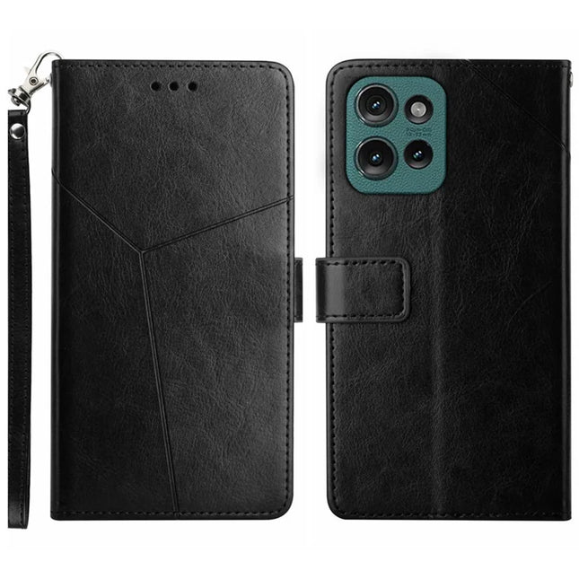 HT01 For Motorola Moto G75 5G Case Y-Shaped Lines Imprint Leather Phone Cover - Black