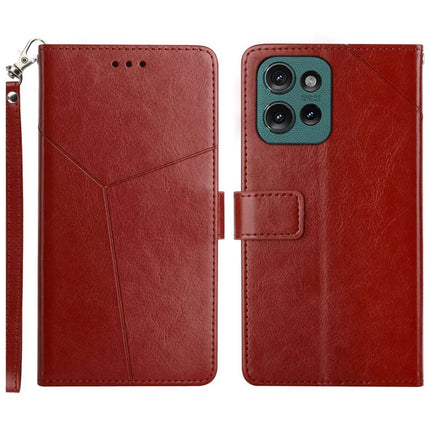 HT01 For Motorola Moto G75 5G Case Y-Shaped Lines Imprint Leather Phone Cover - Brown