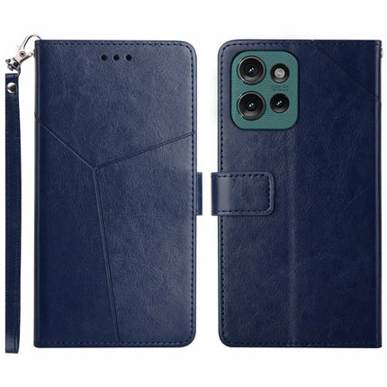 HT01 For Motorola Moto G75 5G Case Y-Shaped Lines Imprint Leather Phone Cover - Blue