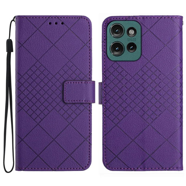 HT06 For Motorola Moto G75 5G Wallet Phone Case Imprint PU Leather Flip Folio Cover - Dark Purple