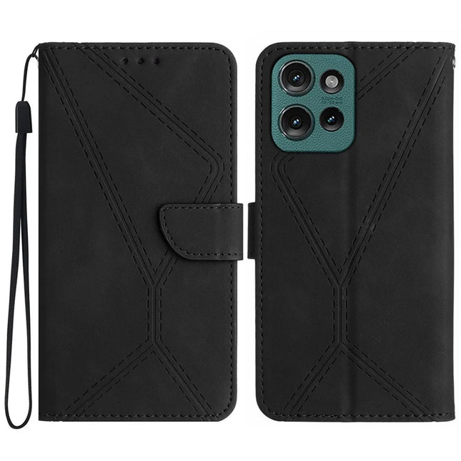 HT05 For Motorola Moto G75 5G Case Skin-Touch Lines PU Leather Flip Phone Cover - Black