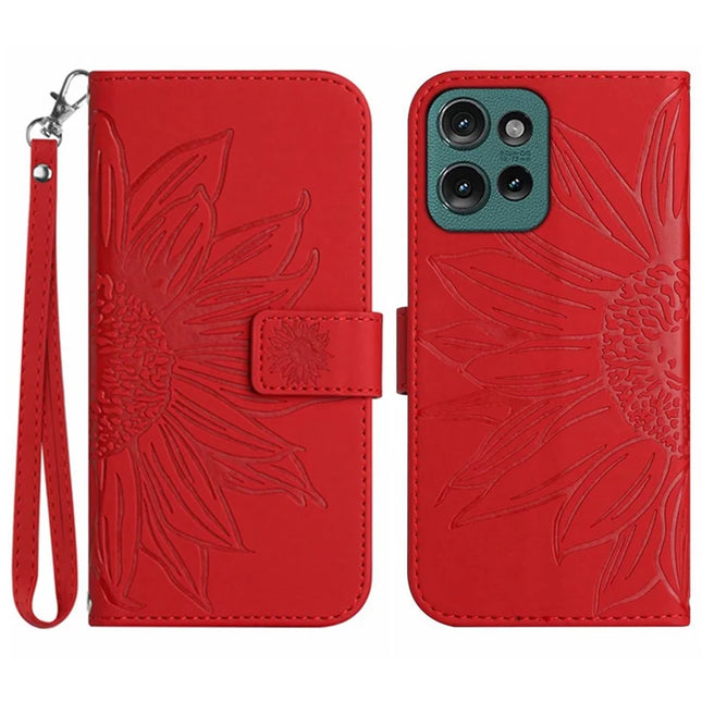 HT04 For Motorola Moto G75 5G Case Sunflower Imprint Leather Wallet Phone Cover with Wrist Strap - Red