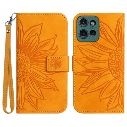HT04 For Motorola Moto G75 5G Case Sunflower Imprint Leather Wallet Phone Cover with Wrist Strap - Yellow