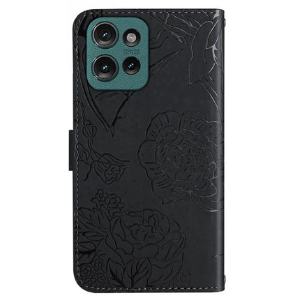 HT03 For Motorola Moto G75 5G Case Butterfly Flower Imprint Leather Phone Cover with Strap