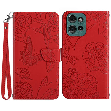 HT03 For Motorola Moto G75 5G Case Butterfly Flower Imprint Leather Phone Cover with Strap - Red