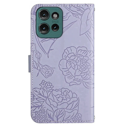 HT03 For Motorola Moto G75 5G Case Butterfly Flower Imprint Leather Phone Cover with Strap
