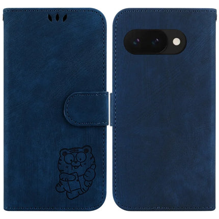 For Google Pixel 9a Wallet Case Tiger Imprint Leather Shockproof Phone Cover - Dark Blue