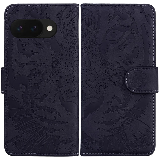 For Google Pixel 9a Case Tiger Imprint Leather Wallet Phone Cover - Black