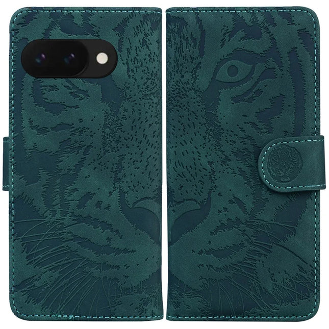 For Google Pixel 9a Case Tiger Imprint Leather Wallet Phone Cover - Green
