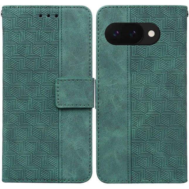 For Google Pixel 9a Case Geometry Pattern Leather Wallet Phone Cover - Green